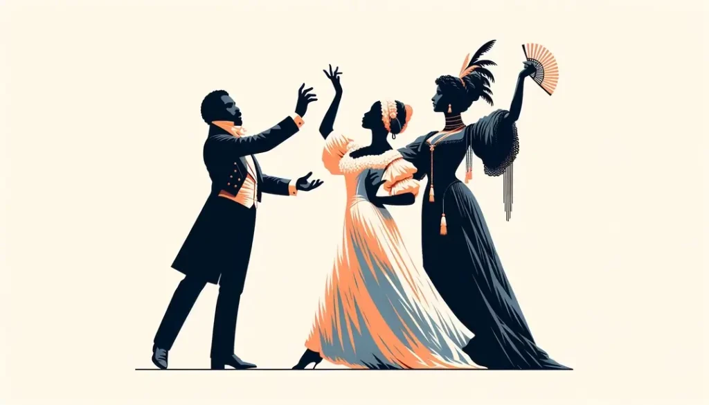 Ilustración minimalista de actores en poses clásicas del teatro francés del siglo XVII sobre fondo blanco