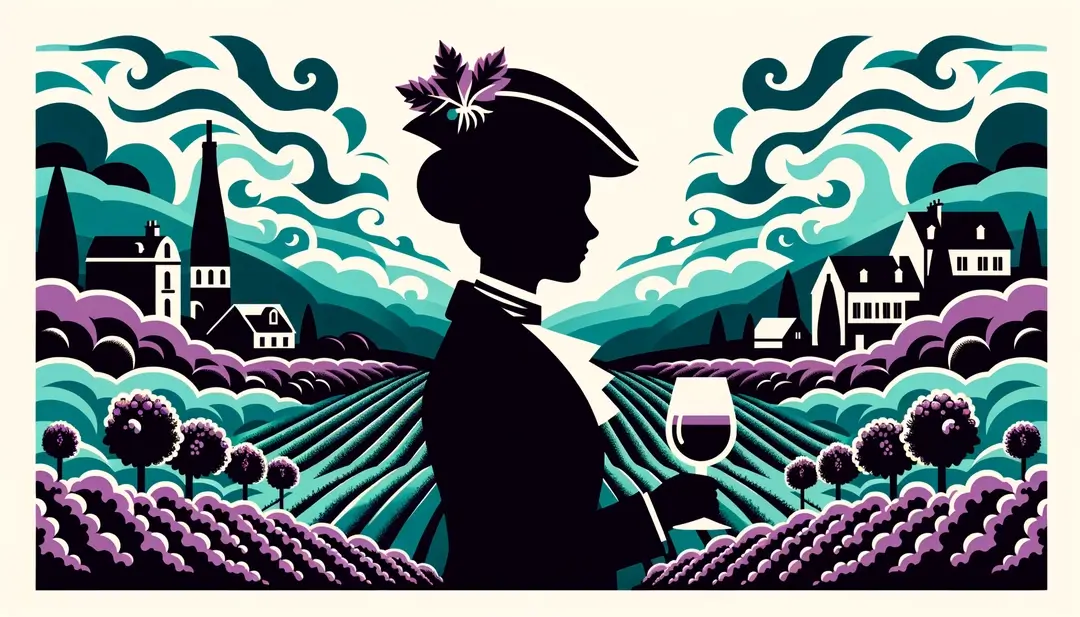 Ilustración minimalista de viñedo francés y sommelier del siglo XVIII