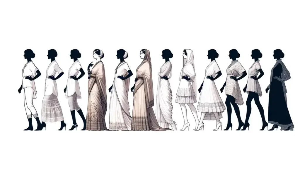 Figura humana representando la evolución de las medias en la historia de la moda francesa contra un fondo blanco