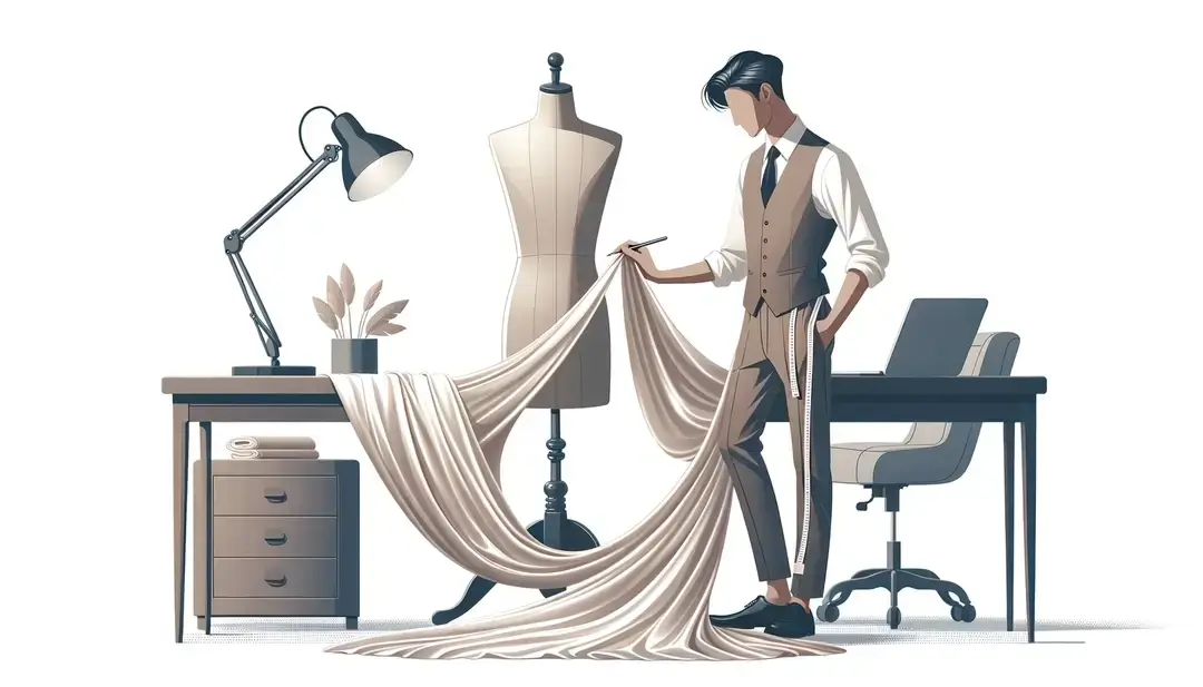 Ilustración minimalista de un diseñador de moda ajustando seda sobre un maniquí