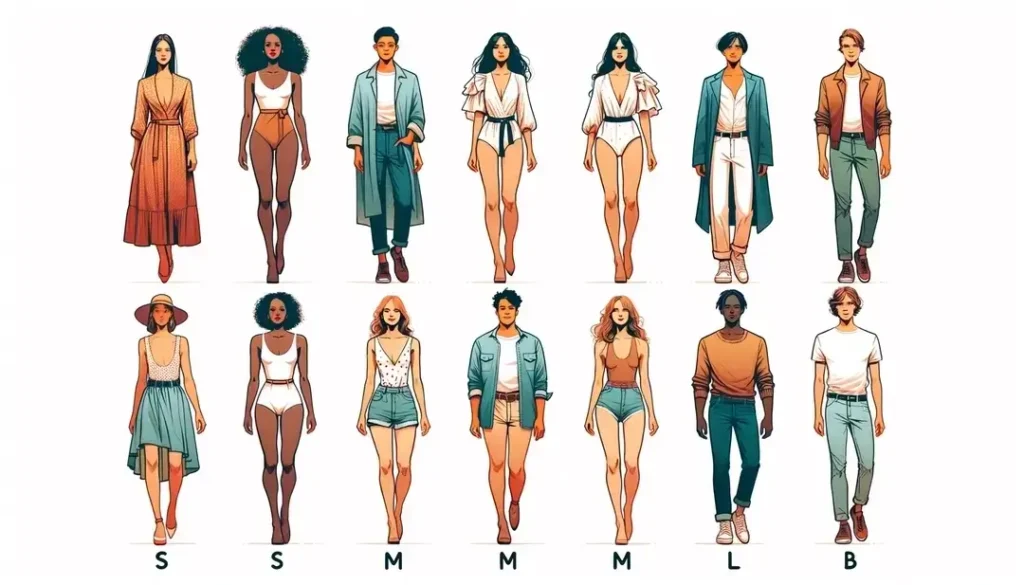 Ilustración minimalista de figuras humanas con diferentes tallas como S