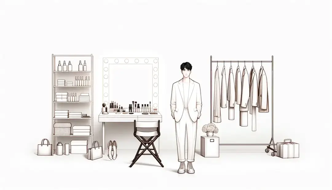 Ilustración minimalista de un backstage de desfile de moda que representa el contexto y preparación