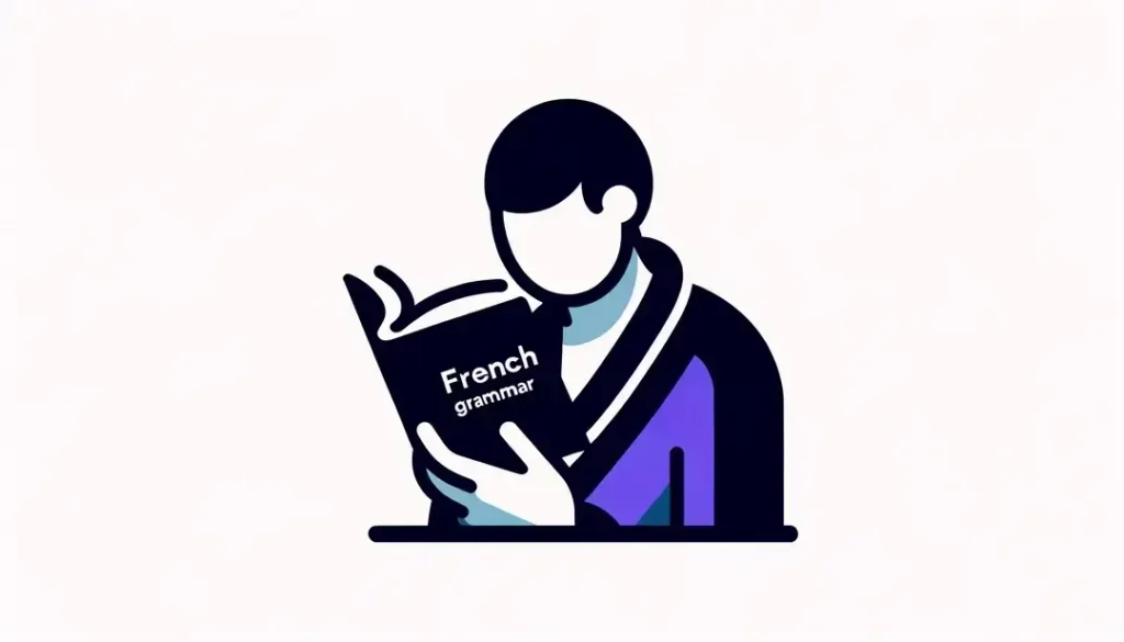 Ilustración de una figura humana leyendo un libro sobre gramática francesa