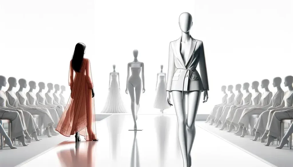 Ilustración minimalista de un maniquí en una pasarela con fondo blanco