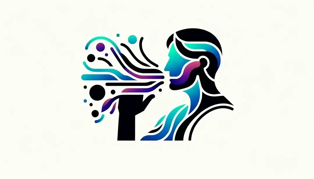 Ilustración minimalista de figura humana hablando con representaciones abstractas de sílabas