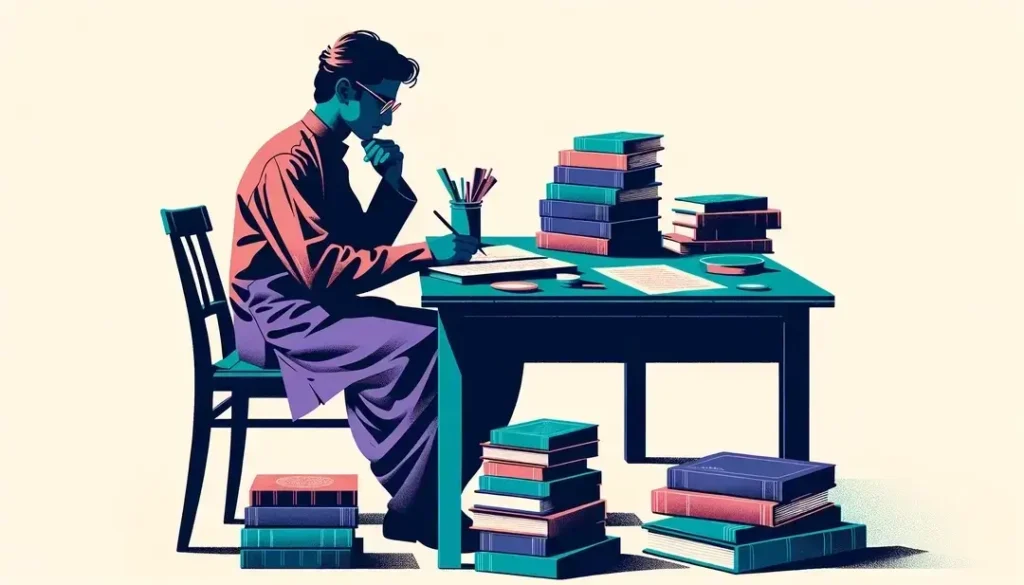 Ilustración de una persona escribiendo y estudiando