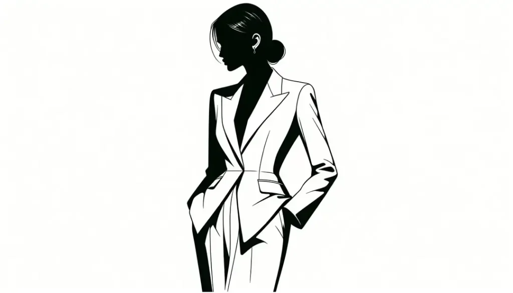 Mujer vestida con un tailleur clásico en estilo minimalista sobre fondo blanco