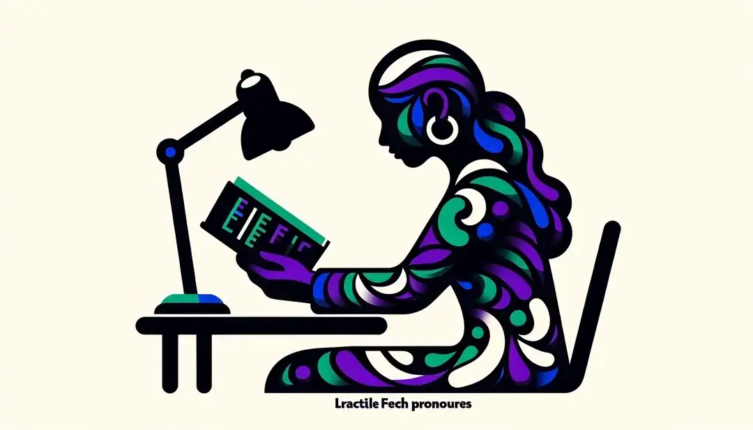 Persona practicando con libros y tecnología sobre pronombres en un fondo blanco