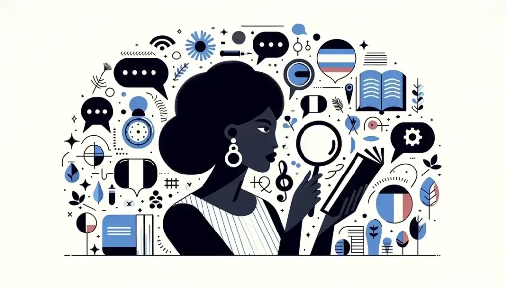 Ilustración de una persona estudiando símbolos del idioma francés en un estilo minimalista sobre fondo blanco