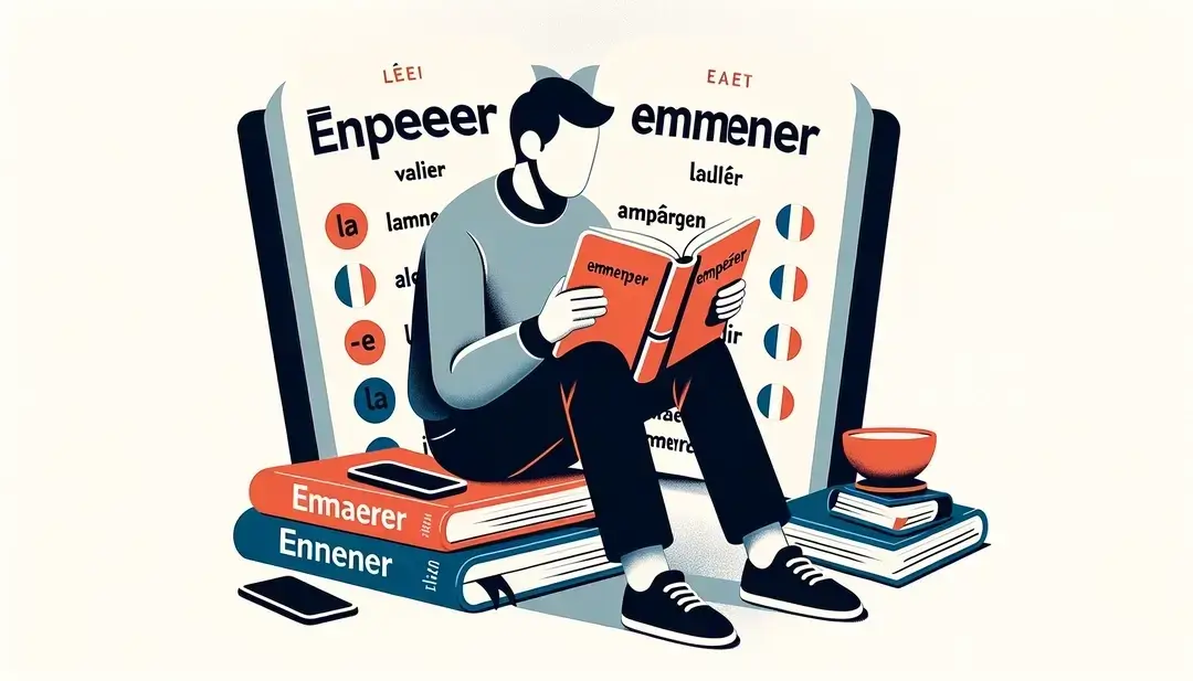 Ilustración minimalista de una figura humana estudiando vocabulario francés con los verbos emporter y emmener