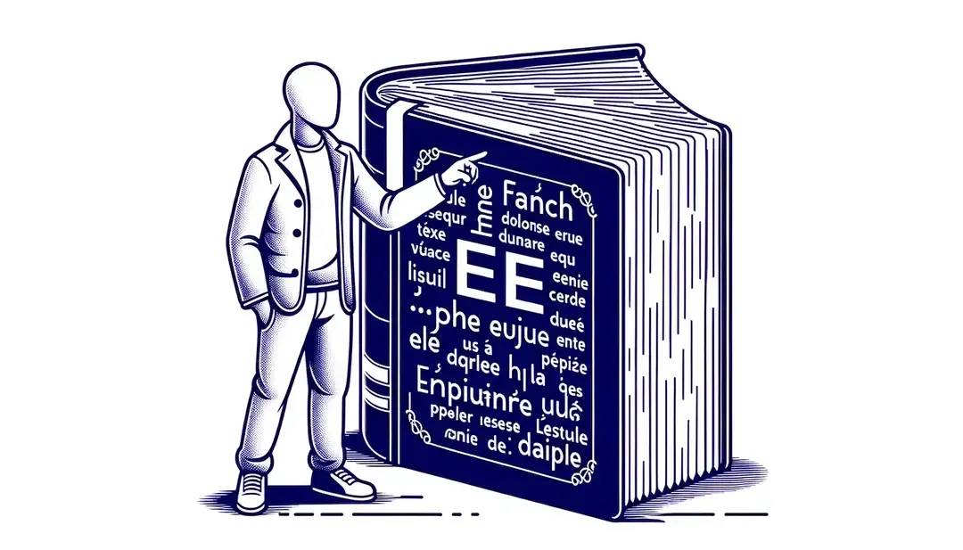 Ilustración minimalista mostrando a una persona explicando conceptos de gramática francesa avanzada junto a un libro de texto