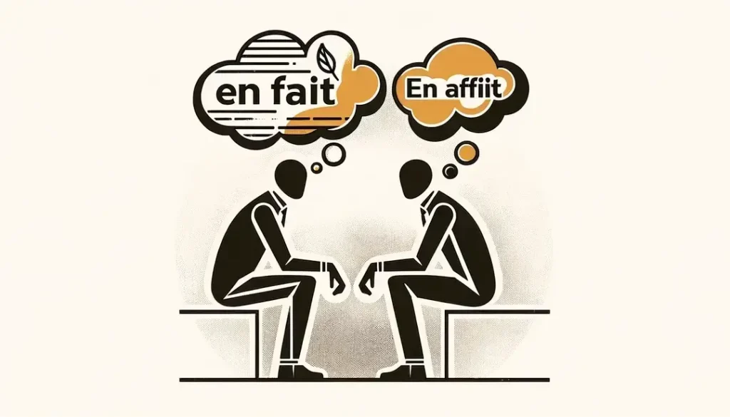 Ilustración minimalista de una figura humana conversando en francés con burbujas de pensamiento que contienen « en fait »