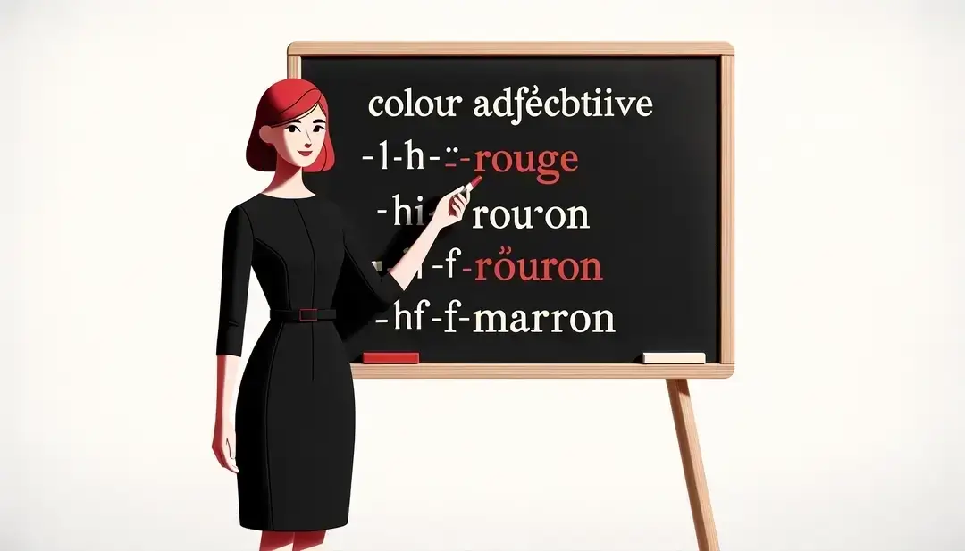Ilustración de una profesora de francés explicando la concordancia de adjetivos de color en la pizarra