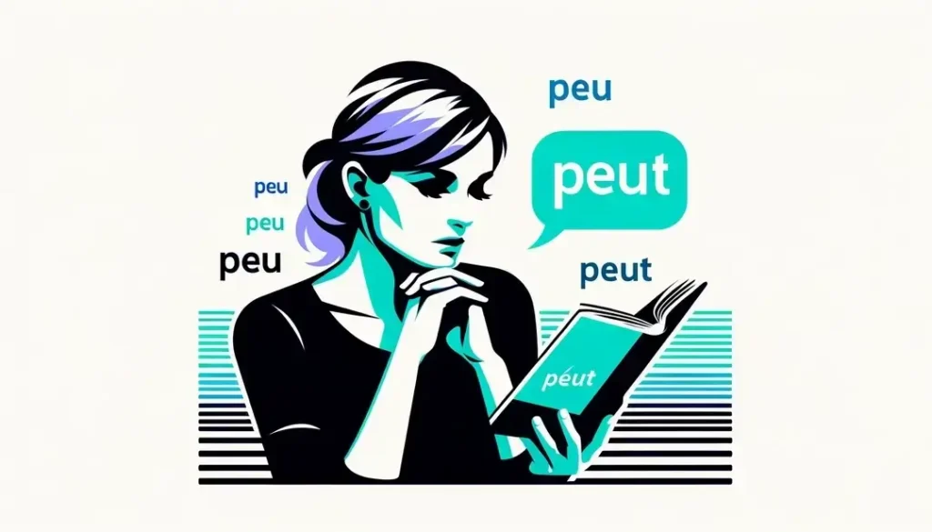 Figura humana en pose reflexiva practicando las diferencias fonéticas entre « peu » y « peut » al hablar francés