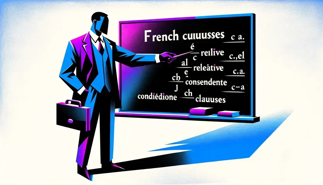 Figura enseñando gramática francesa en una pizarra con cláusulas relativas