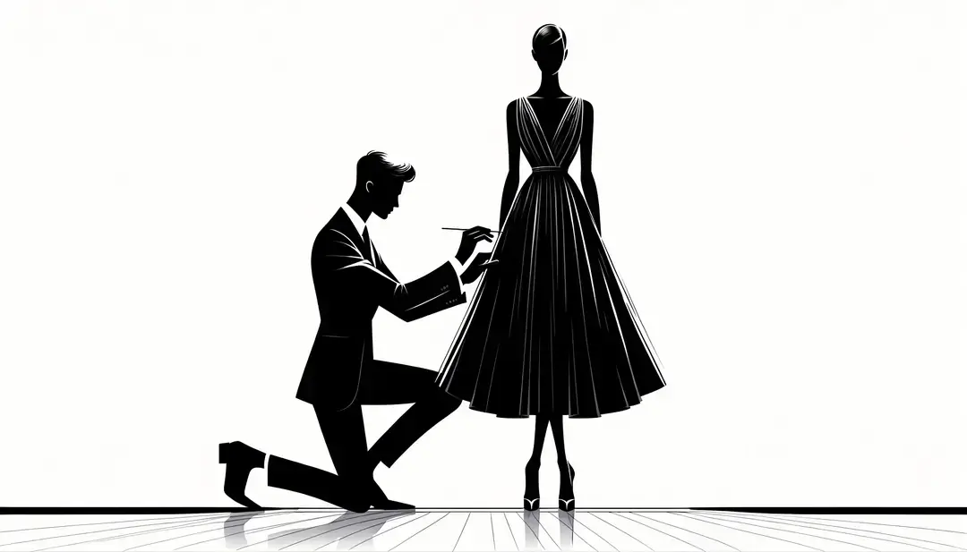 Ilustración minimalista de un diseñador creando un vestido de alta costura sobre una pasarela blanca