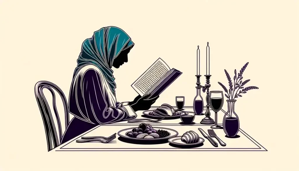 Ilustración de una persona leyendo literatura francesa en una mesa de comedor