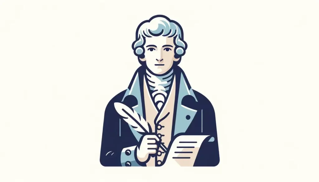 Ilustración minimalista de Voltaire con quill y papel