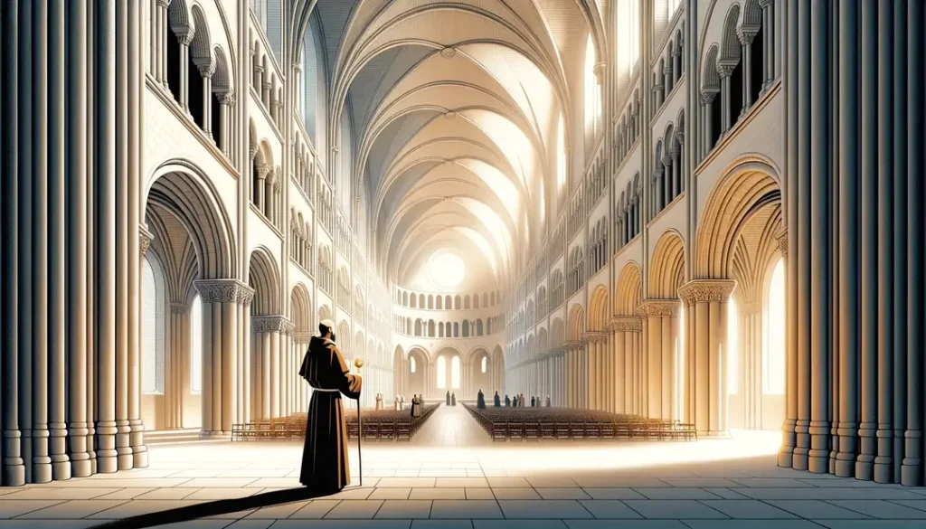 Ilustración de la arquitectura románica de Cluny con un monje en el Medioevo