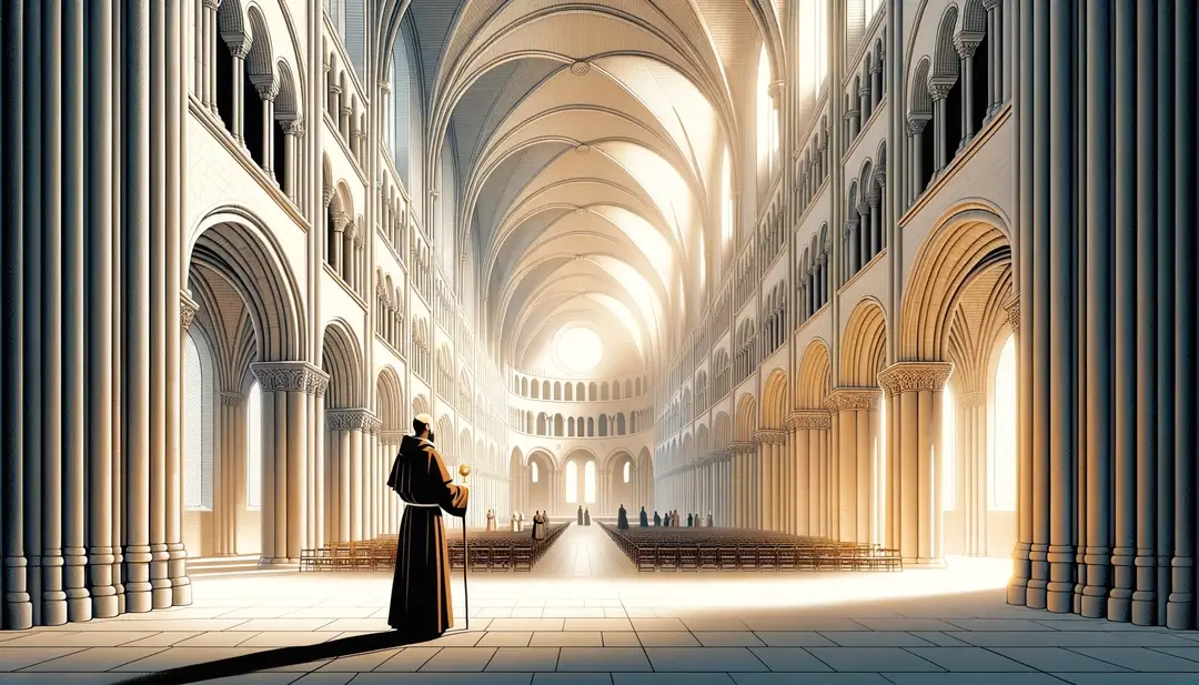 Ilustración de la arquitectura románica de Cluny con un monje en el Medioevo