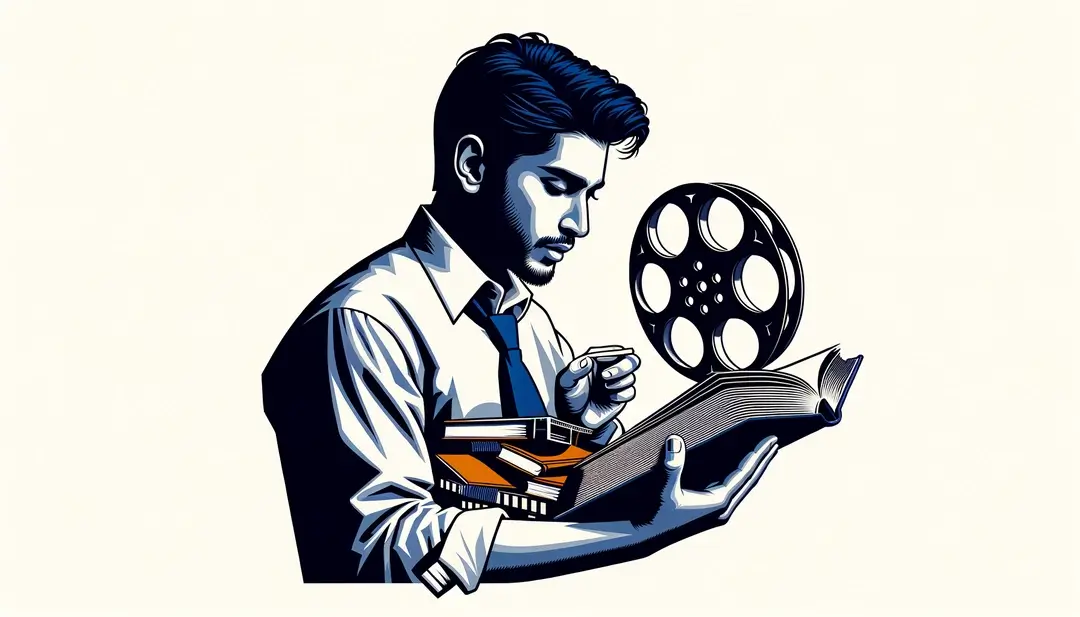 Ilustración minimalista de una figura humana con elementos literarios y cinematográficos clásicos franceses