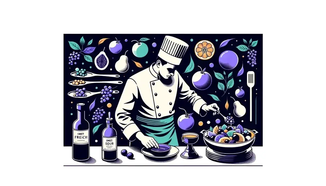 Chef francés en cocina elegante equilibrando sabores dulces y ácidos en un plato agridulce