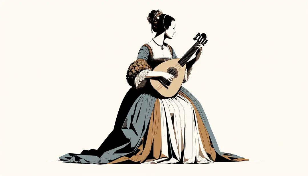 Ilustración minimalista de una noble francesa del siglo XVII tocando el laúd