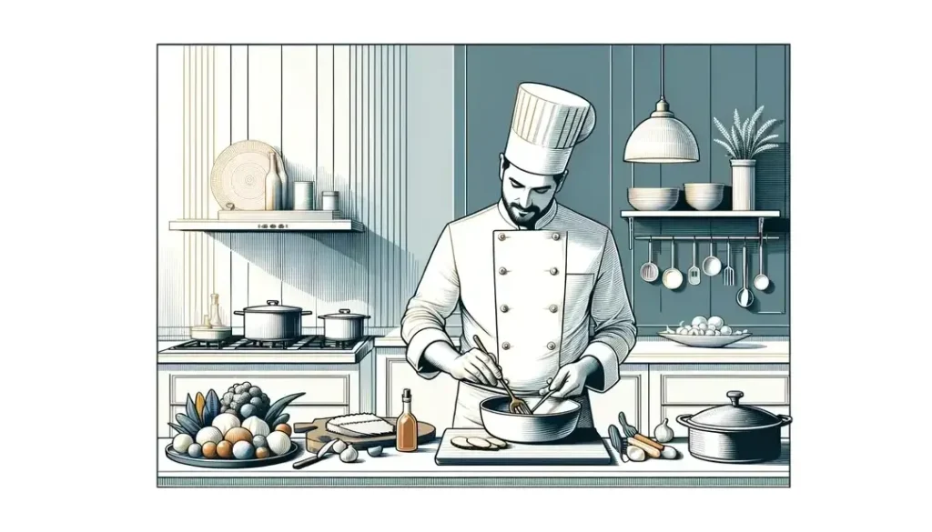 Chef francés innovador preparando un plato que combina técnicas tradicionales e internacionales en un entorno contemporáneo