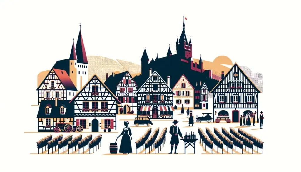 Ilustración minimalista de la cultura y tradiciones de Alsacia-Lorena con casas entramadas y figura tradicional