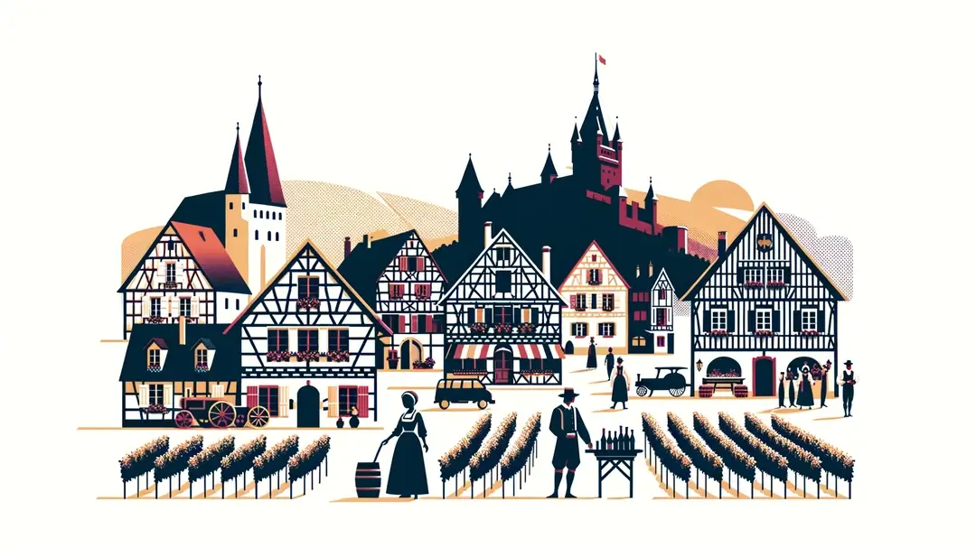 Ilustración minimalista de la cultura y tradiciones de Alsacia-Lorena con casas entramadas y figura tradicional