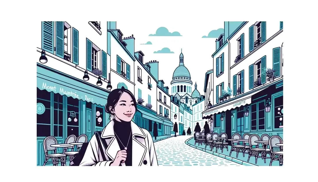 Ilustración minimalista de Montmartre con una joven explorando un café