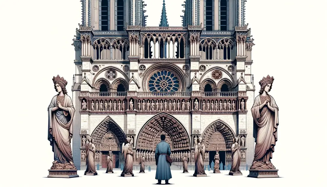 Representación artística de ángeles y demonios en la fachada de una catedral medieval francesa.