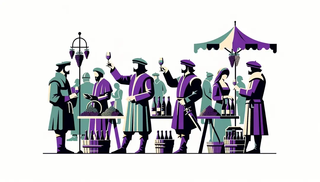 Ilustración de una feria medieval de vino en Champagne