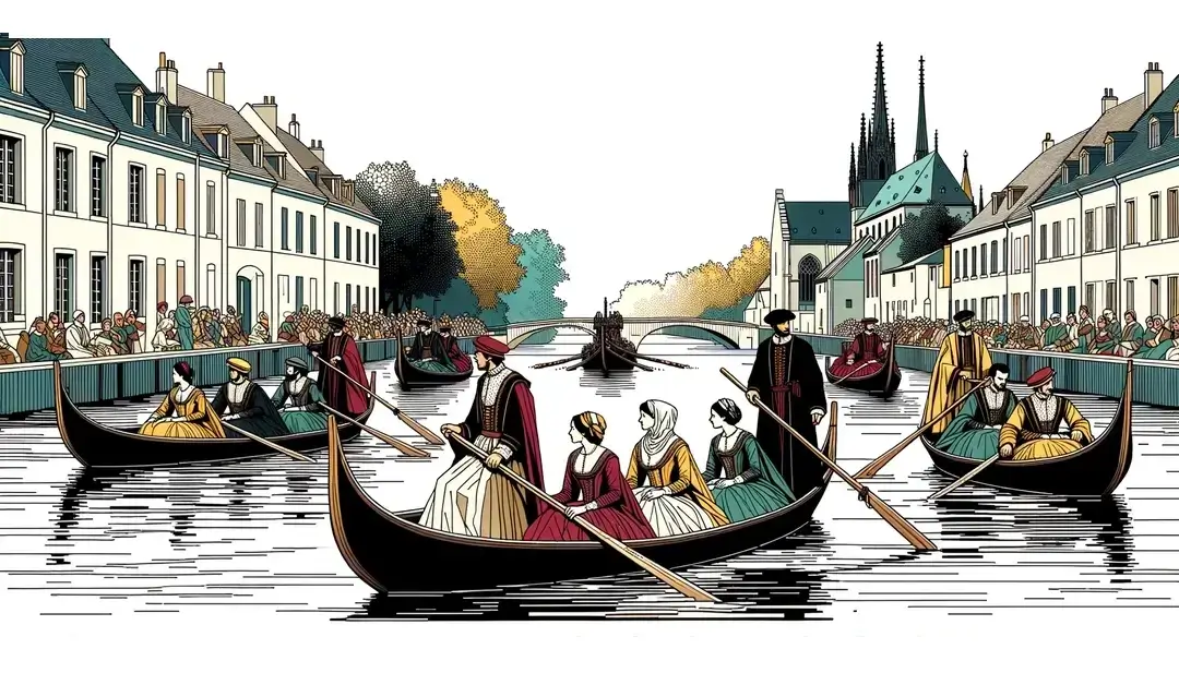Imagen de una procesión en barca con figuras en traje tradicional francés navegando por canales