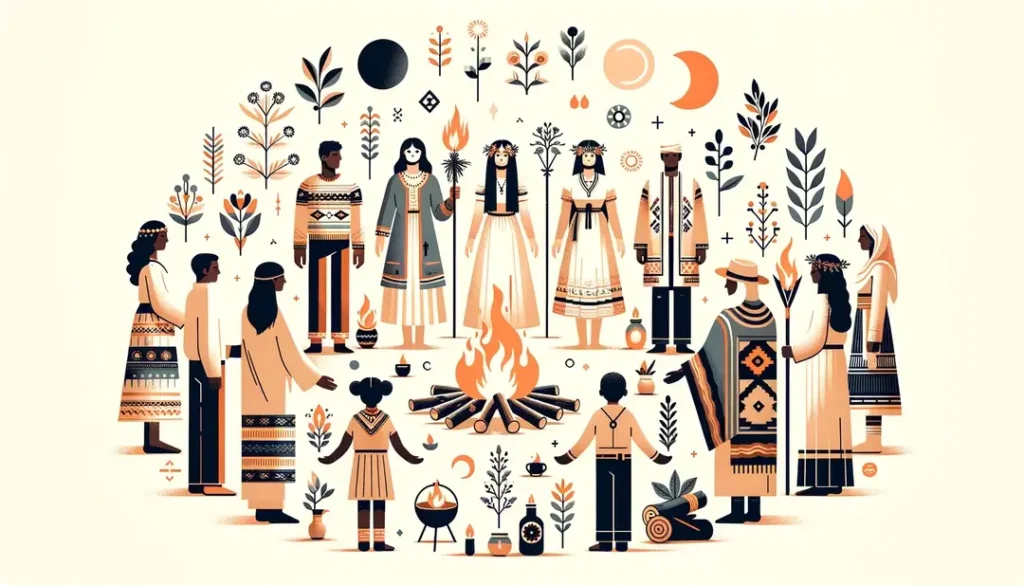 Ilustración minimalista de personas de diferentes etnias participando en un ritual ancestral de solsticio de verano