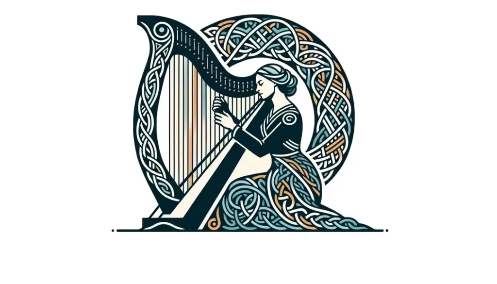 Harpista bretón tocando un arpa celta