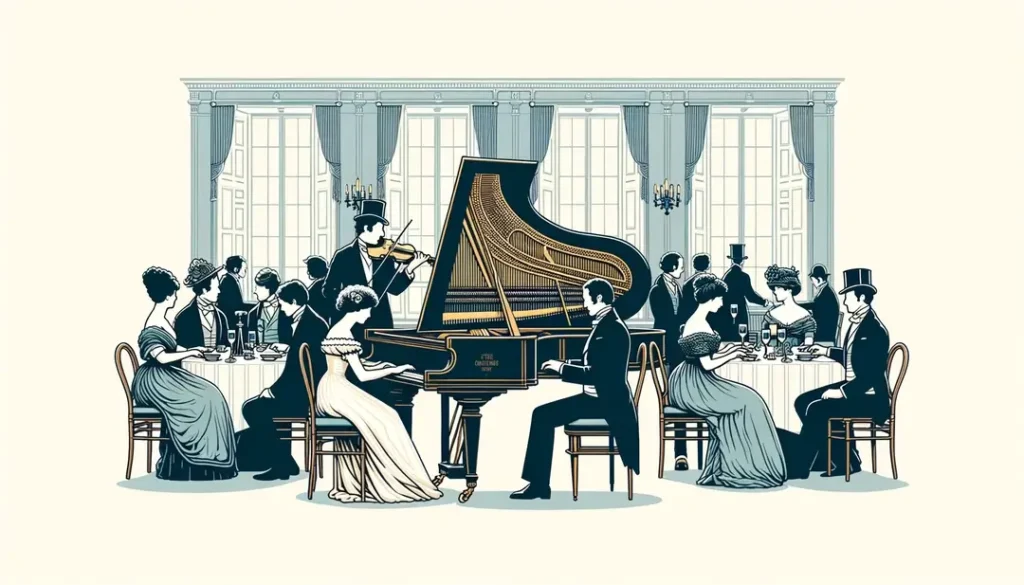 La elegancia de un salón francés del siglo XIX con un piano-pédalier y asistentes disfrutando de la música