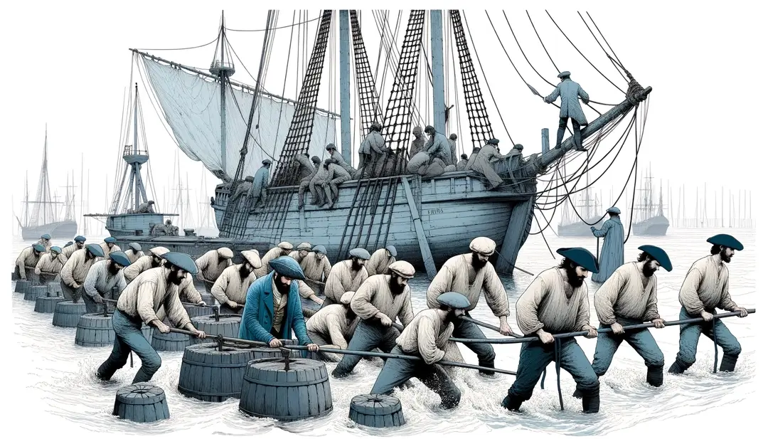 Ilustración de prisioneros franceses en una galera del bagne de Toulon