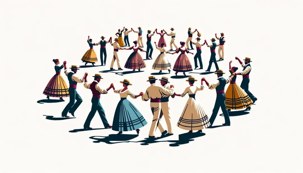 Ilustración minimalista de figuras humanas bailando sardana y ball de bastons