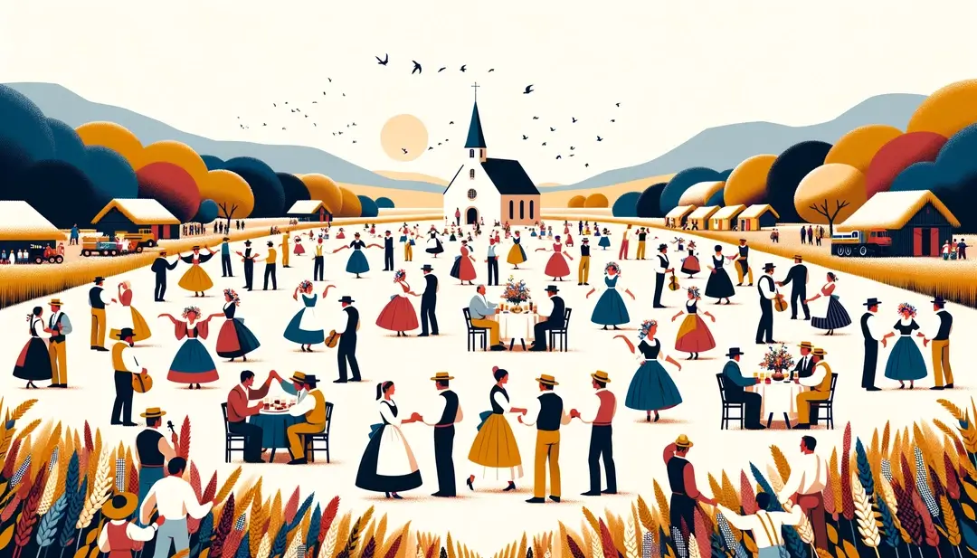 Ilustración de una fiesta campestre francesa con música y baile