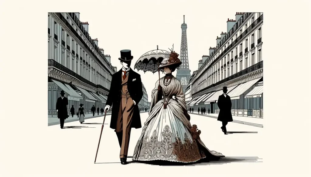 Pareja caminando en París durante la Belle Époque