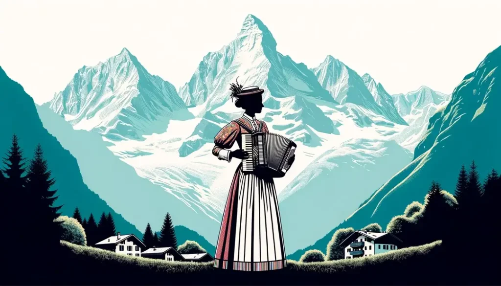 Ilustración minimalista que representa una escena alpina con una figura en atuendo tradicional savoyano tocando un acordeón en los Alpes franceses