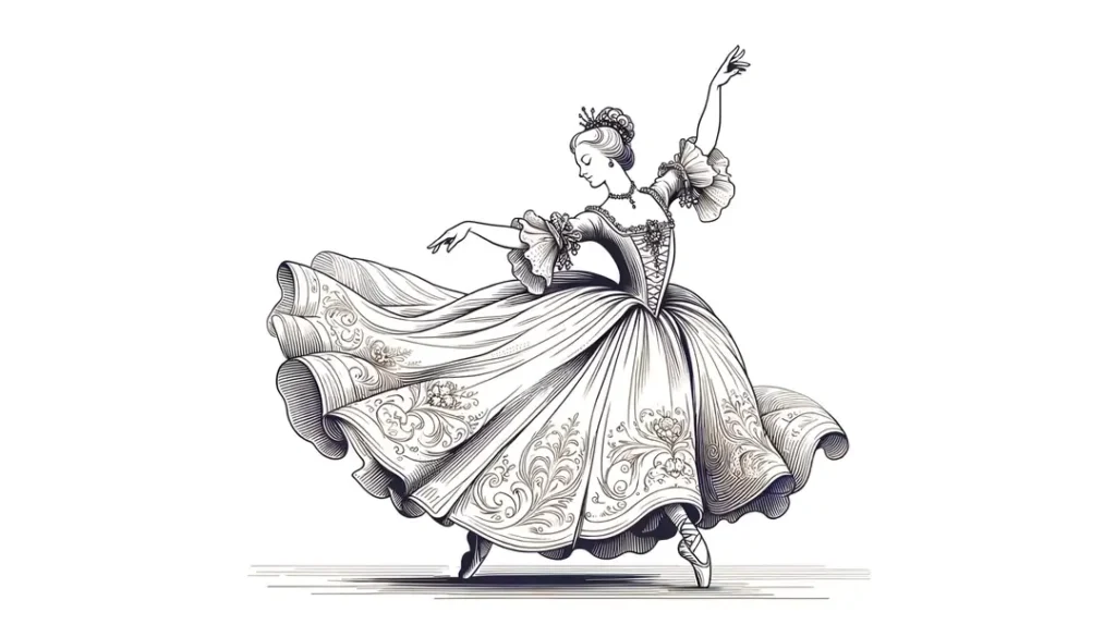 Ilustración minimalista de una bailarina del ballet de cour en el siglo XVII