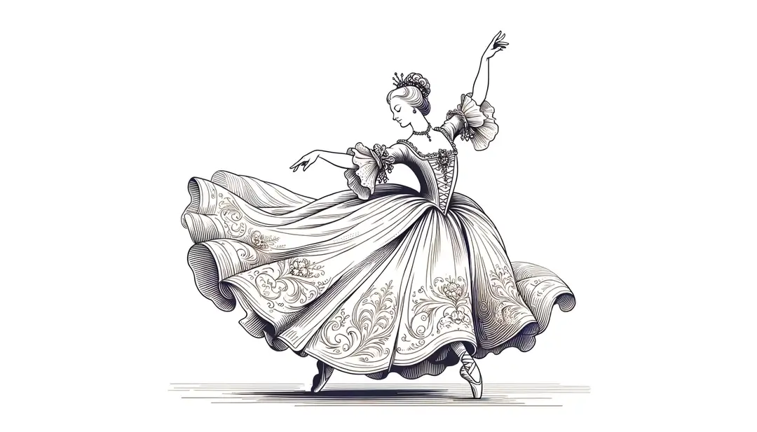 Ilustración minimalista de una bailarina del ballet de cour en el siglo XVII