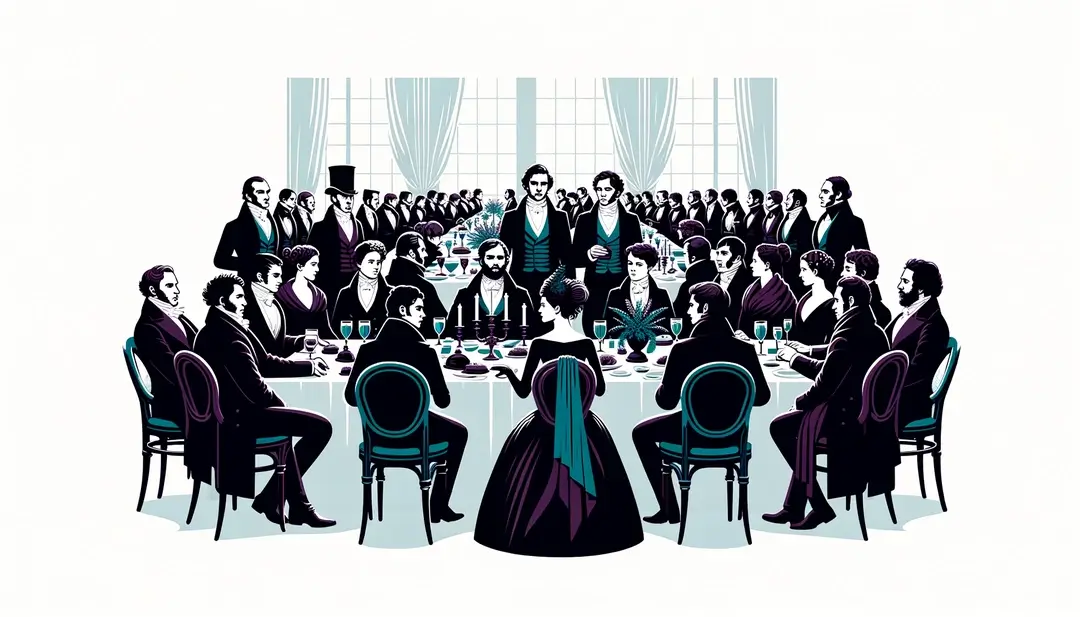 Ilustración minimalista de un banquete republicano en el contexto de la postrevolución francesa del siglo XIX