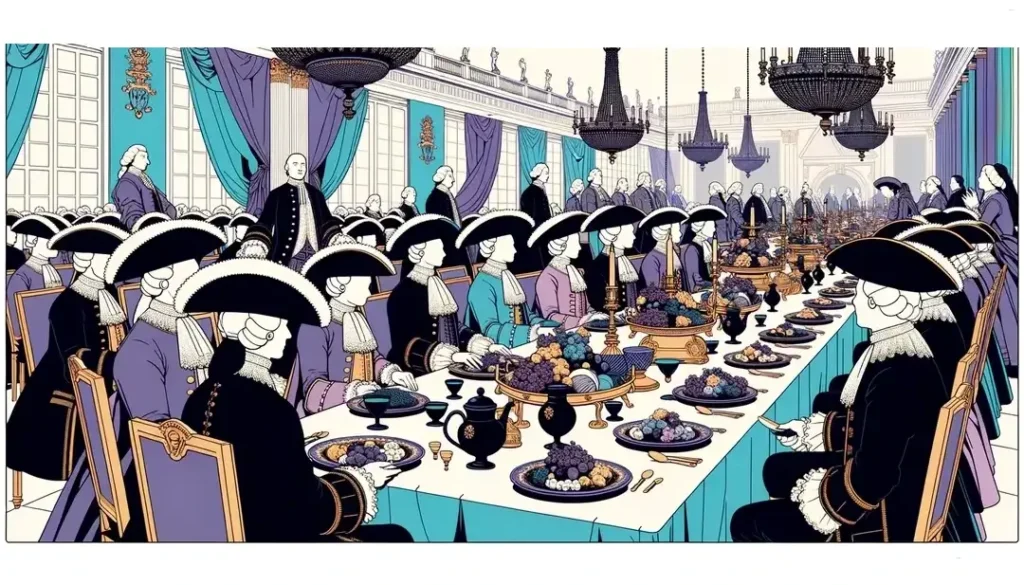 Ilustración de un festín en la corte real francesa del siglo XVII