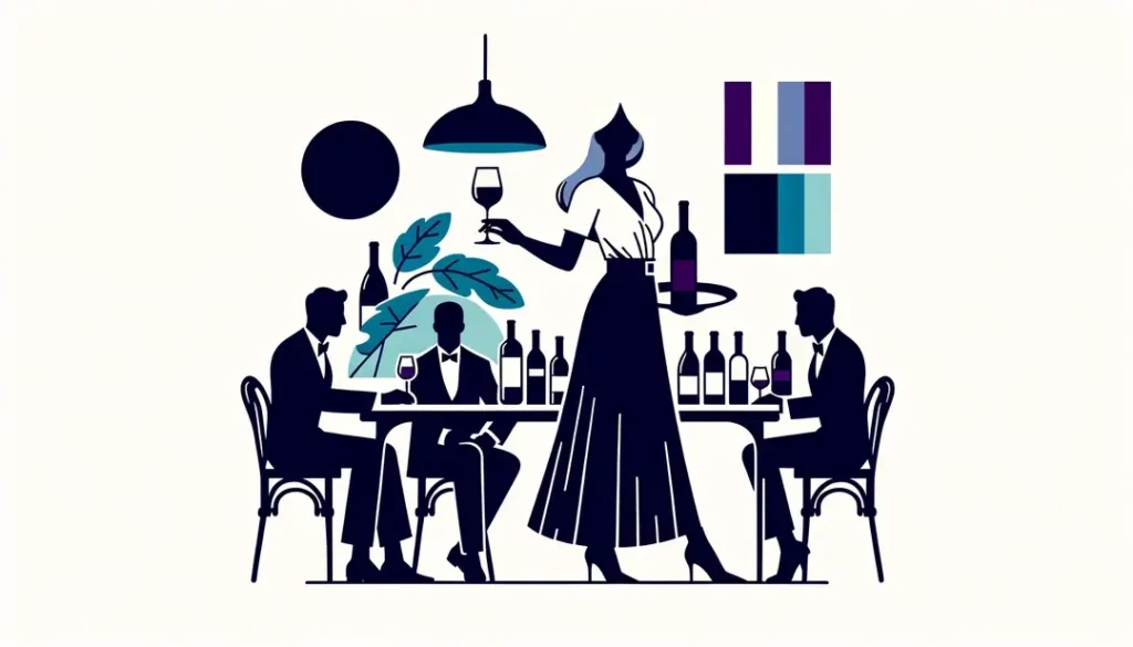 Ilustración minimalista de una cata de vinos en un bar francés con una mujer sosteniendo una copa y un sommelier vertiendo vino