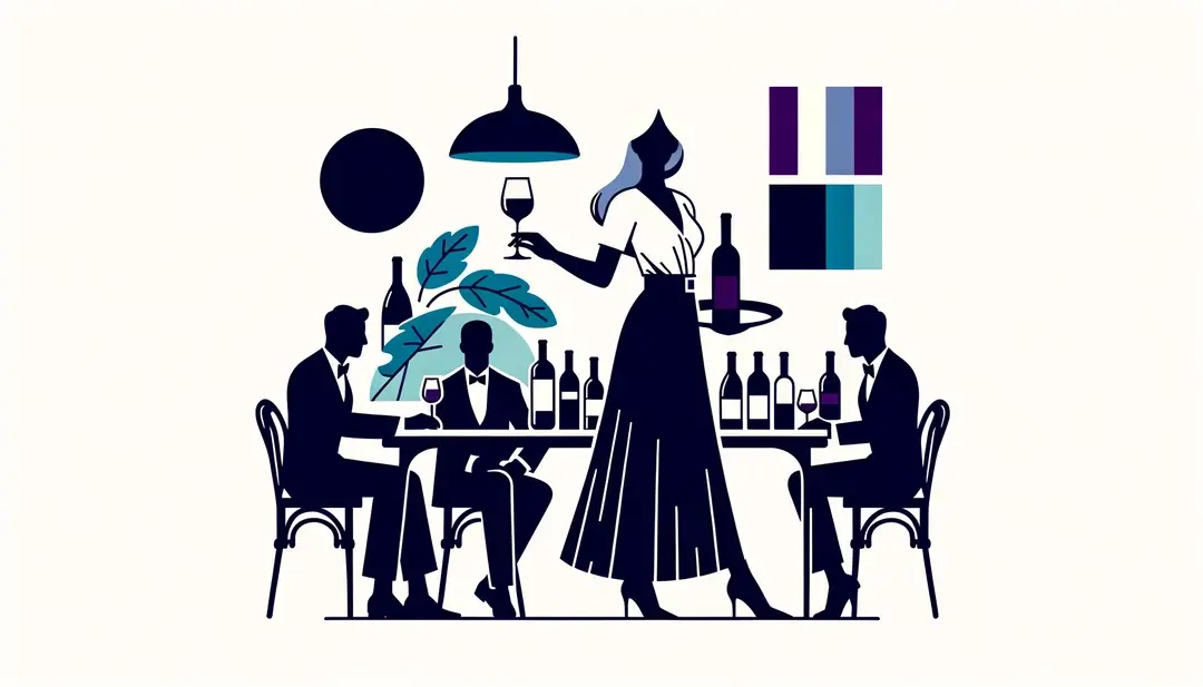 Ilustración minimalista de una cata de vinos en un bar francés con una mujer sosteniendo una copa y un sommelier vertiendo vino