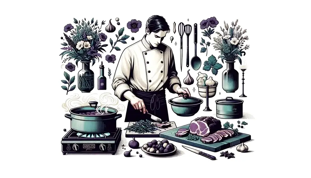 Ilustración de chef francés preparando blanquette de veau