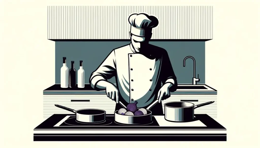 Chef francés cocinando cebollas para dorar y caramelizar